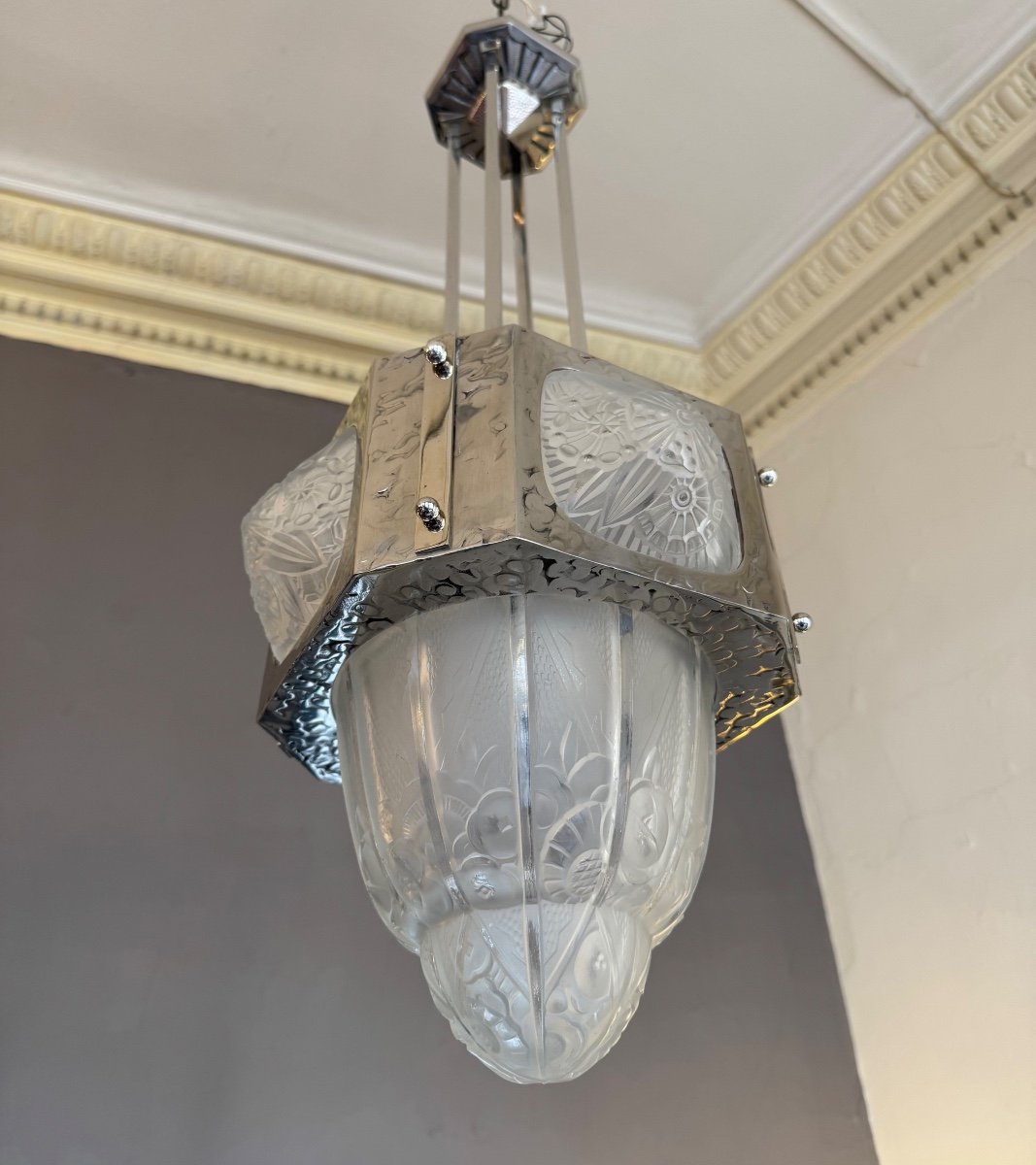 Art Deco Pendant / Ceiling Light / Chandelier Signed Hettier & Vincent / Nickel-plated Bronze (deco 1930 -photo-6