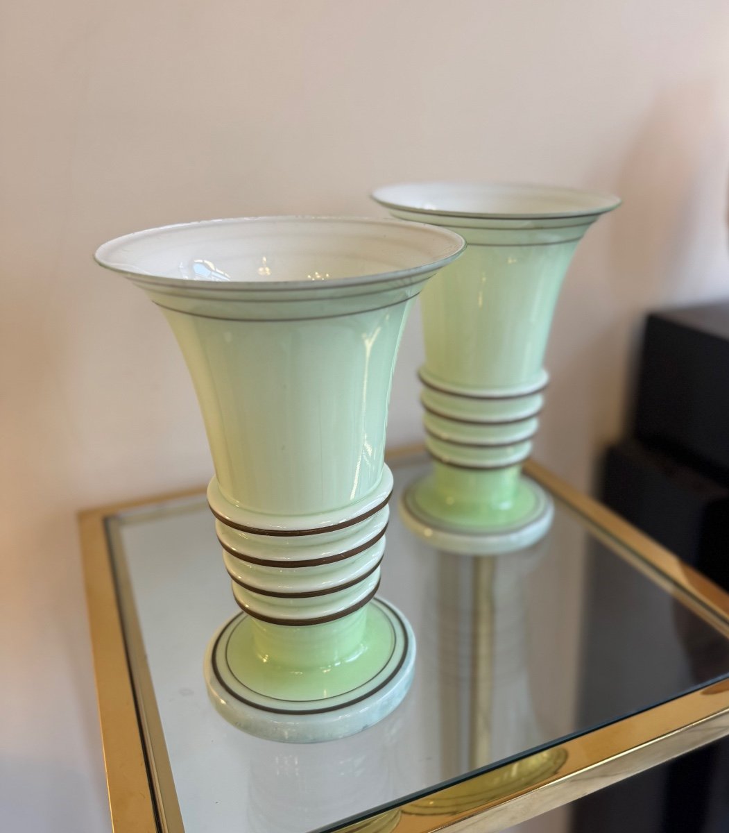 Pair Of Art Deco Vases In Pastel Green Opaline And Gold Trim (art Deco Vase 1930) -photo-2