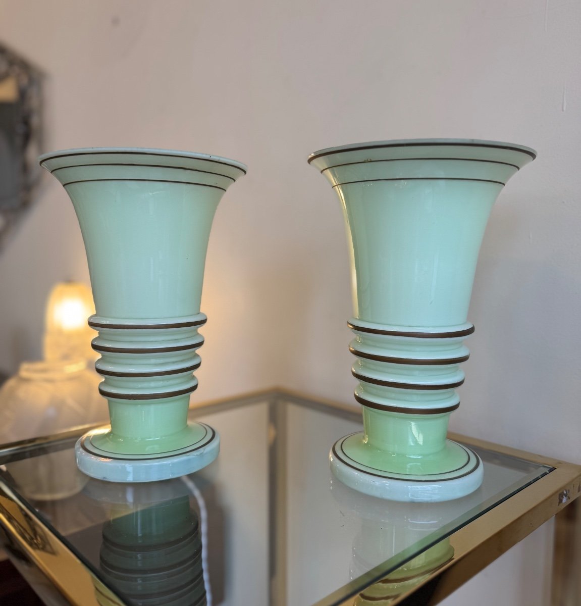 Pair Of Art Deco Vases In Pastel Green Opaline And Gold Trim (art Deco Vase 1930) -photo-3