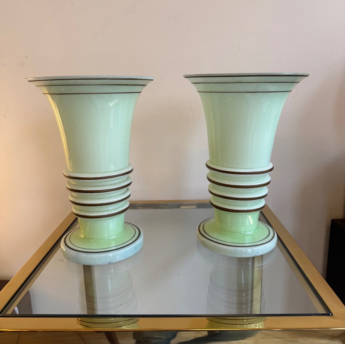 Pair Of Art Deco Vases In Pastel Green Opaline And Gold Trim (art Deco Vase 1930) -photo-4