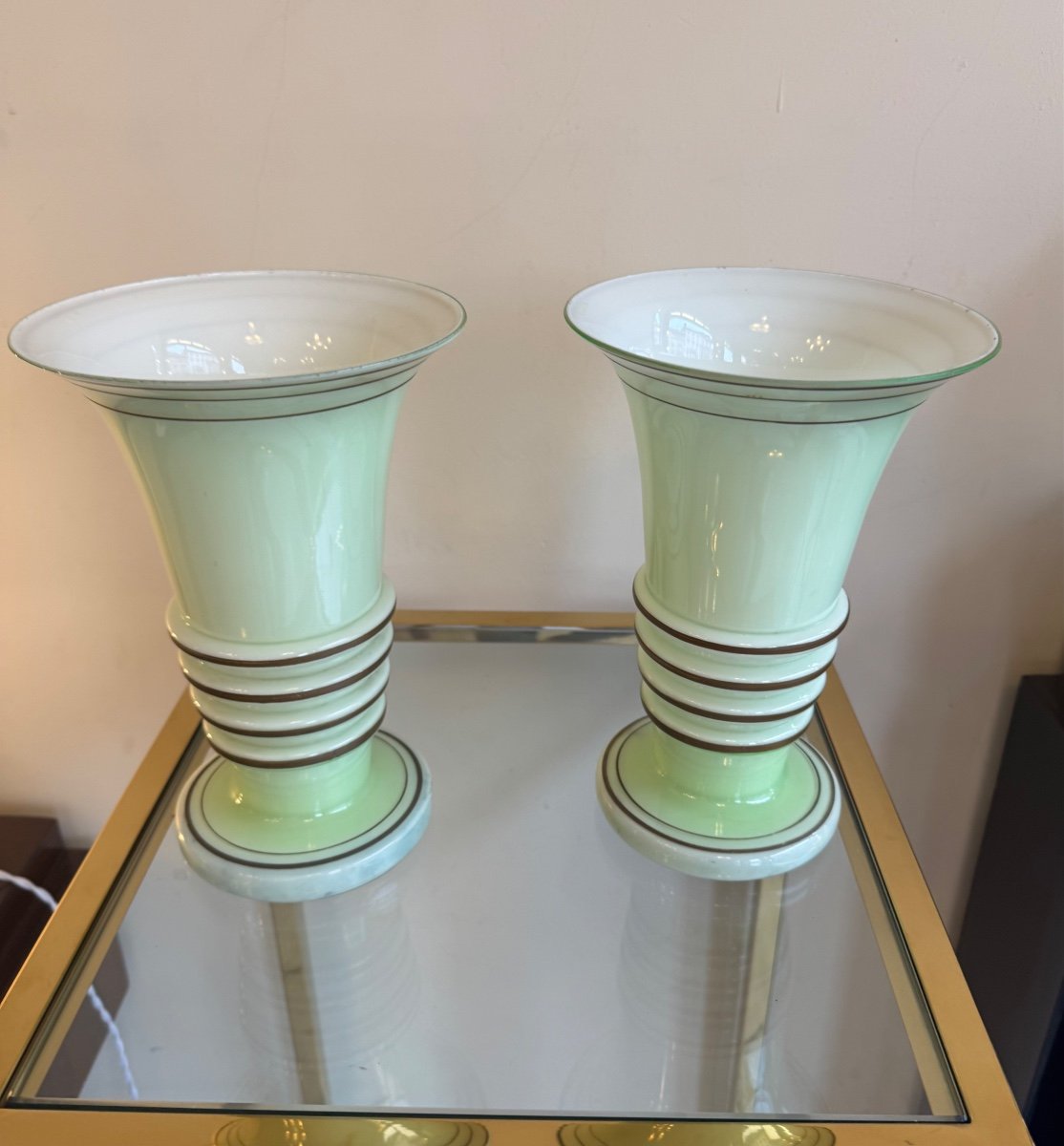 Pair Of Art Deco Vases In Pastel Green Opaline And Gold Trim (art Deco Vase 1930) -photo-2