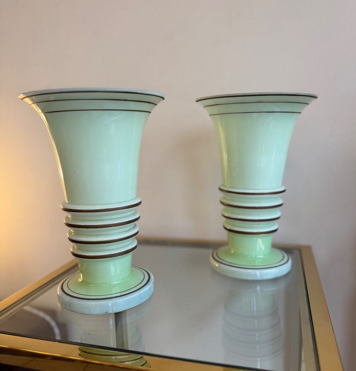 Pair Of Art Deco Vases In Pastel Green Opaline And Gold Trim (art Deco Vase 1930) -photo-5