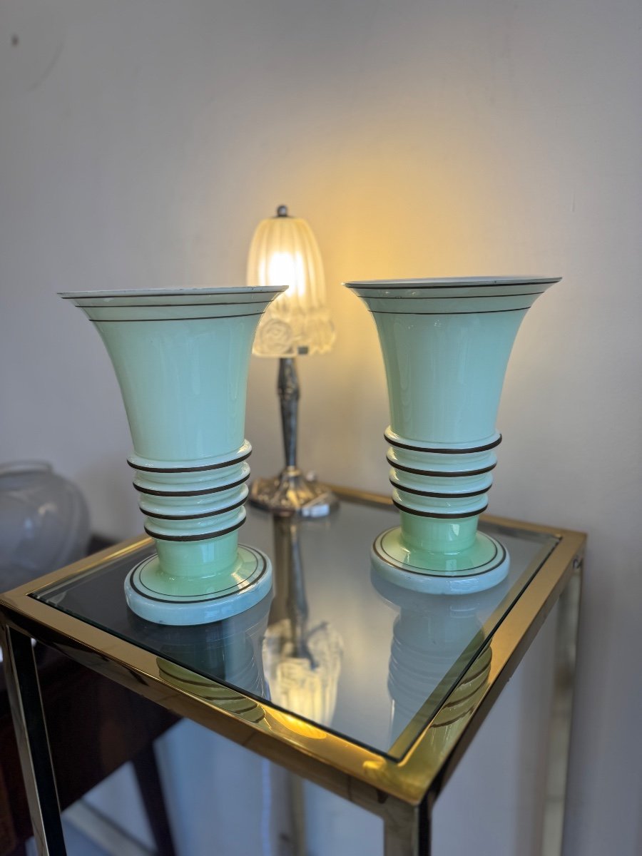 Pair Of Art Deco Vases In Pastel Green Opaline And Gold Trim (art Deco Vase 1930) -photo-6