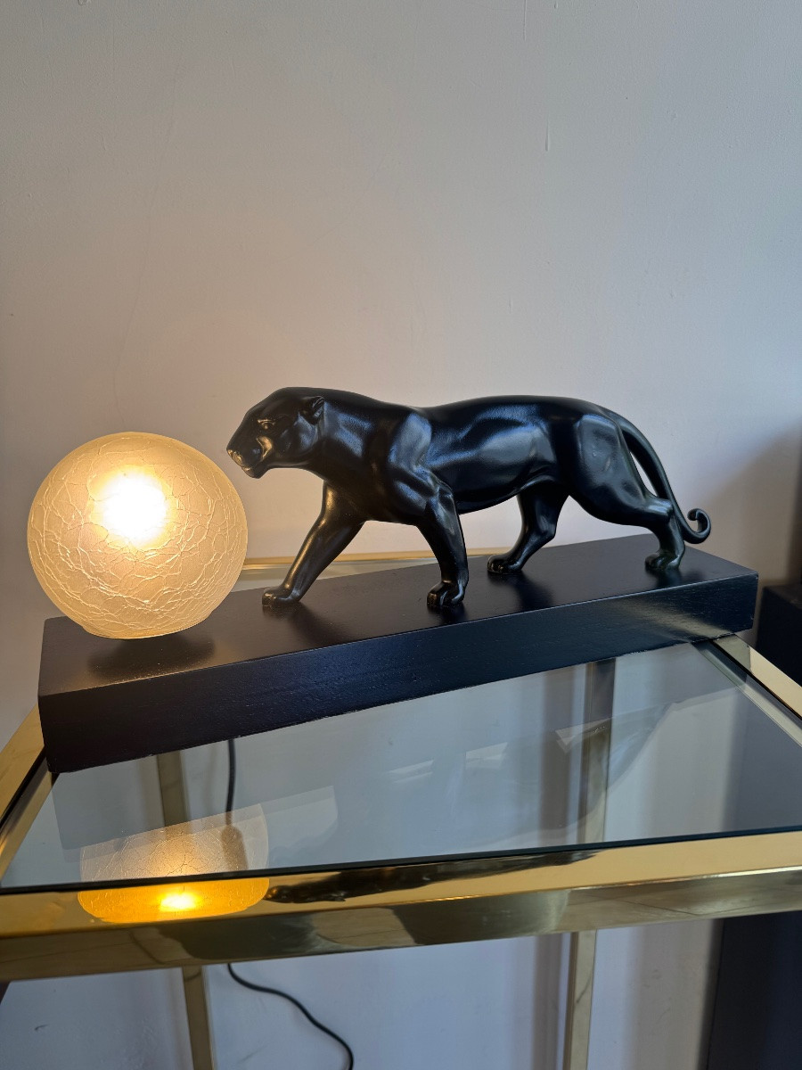 Lampe / Régule Art Déco « Panthère En Marche » à Patine Noire  ( Lampes Art Deco 1930 ) -photo-5