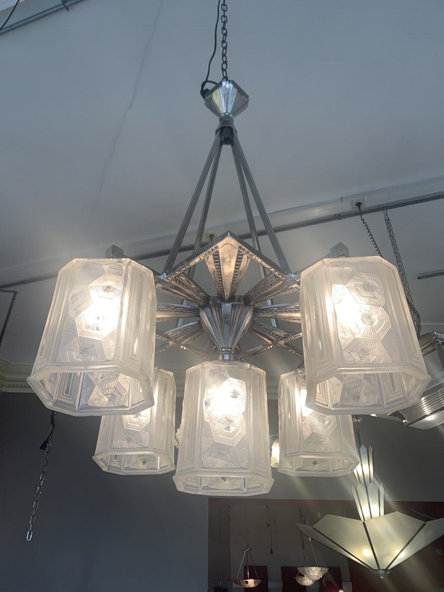 Exceptional Art Deco Chandelier Hettier & Vincent With 5 Cubes (art Deco Chandeliers 1930)-photo-2