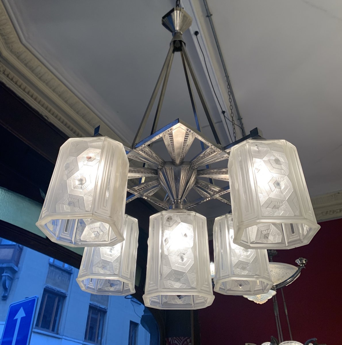 Exceptional Art Deco Chandelier Hettier & Vincent With 5 Cubes (art Deco Chandeliers 1930)-photo-4