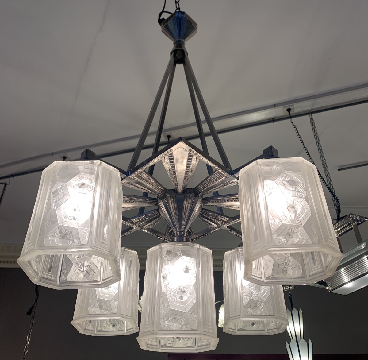 Exceptional Art Deco Chandelier Hettier & Vincent With 5 Cubes (art Deco Chandeliers 1930)