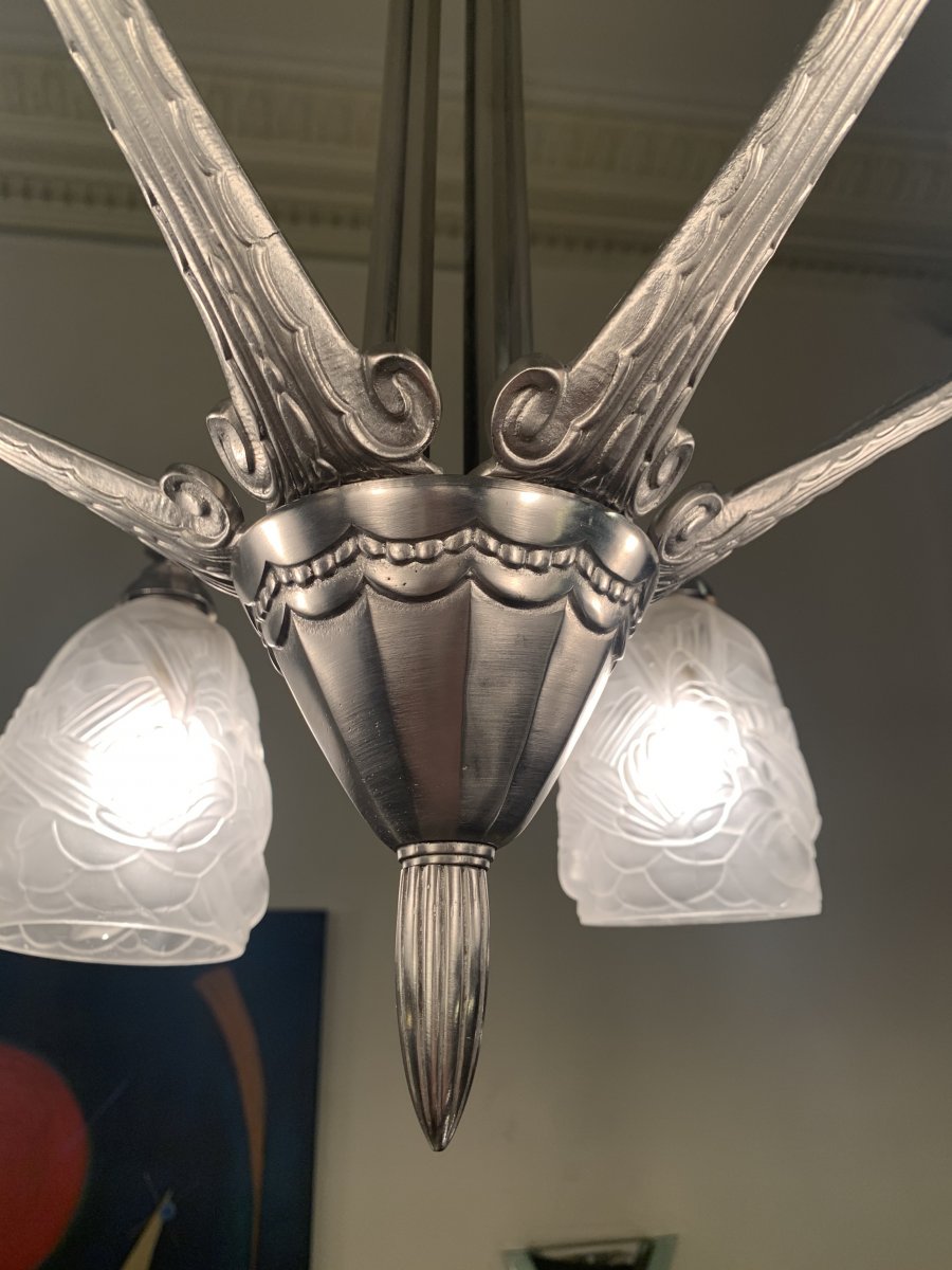 Art Deco French Work Chandelier 6 Tulips {nickel Bronze} (art Deco Suspension 1930)-photo-4