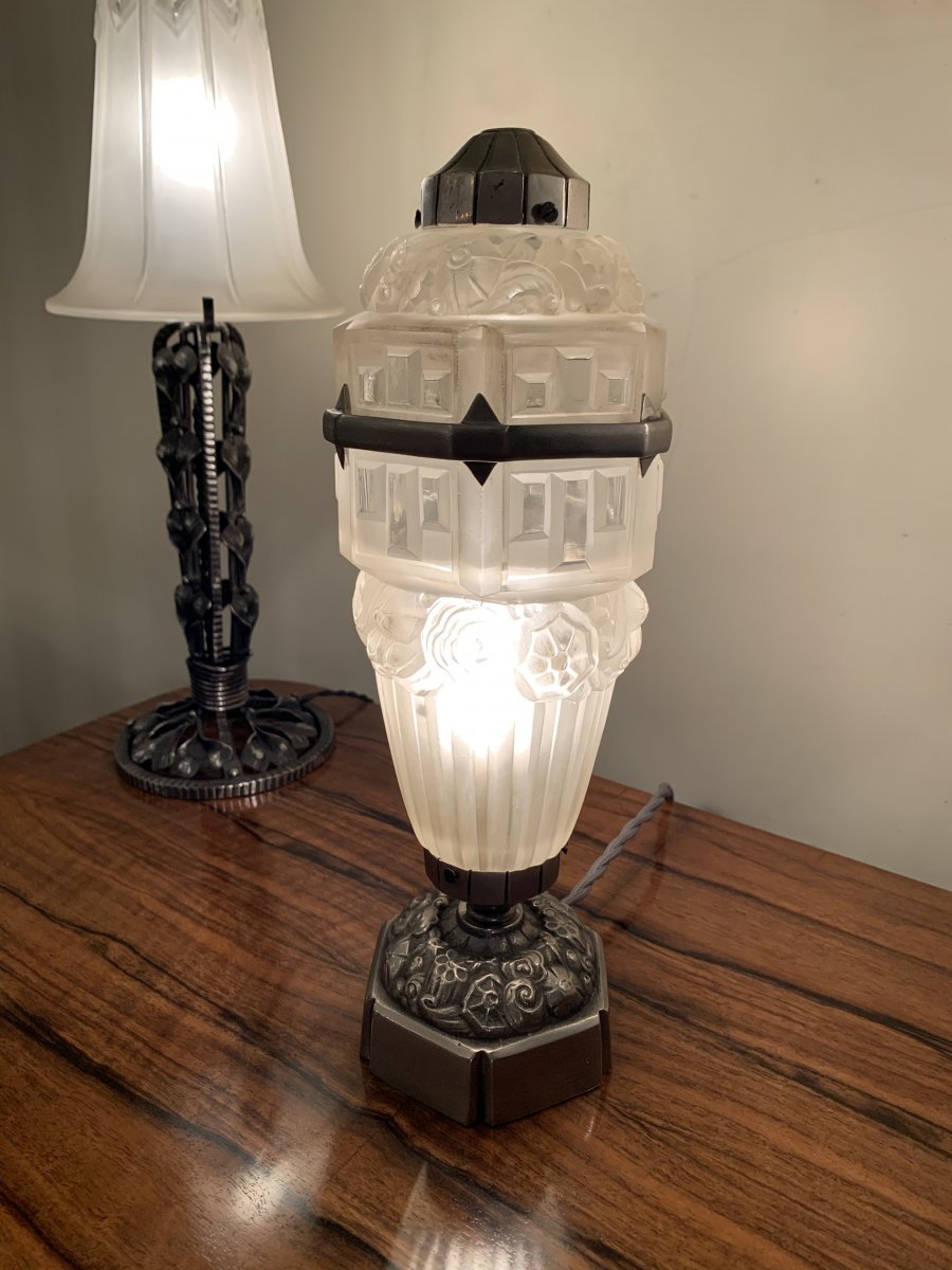 Rare Art Deco Table Lamp / Nightlight Hettier-vincent Et Hanots-photo-4