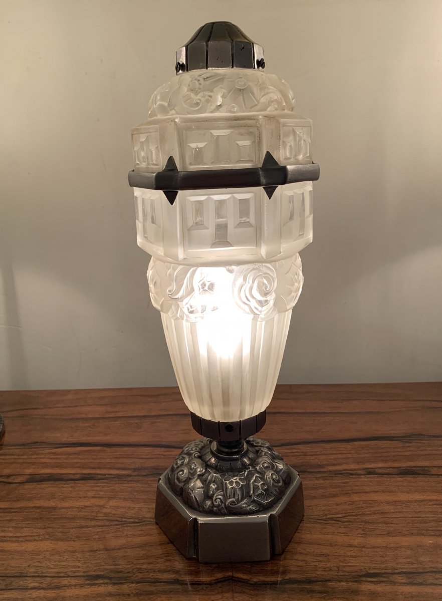 Rare Art Deco Table Lamp / Nightlight Hettier-vincent Et Hanots-photo-8