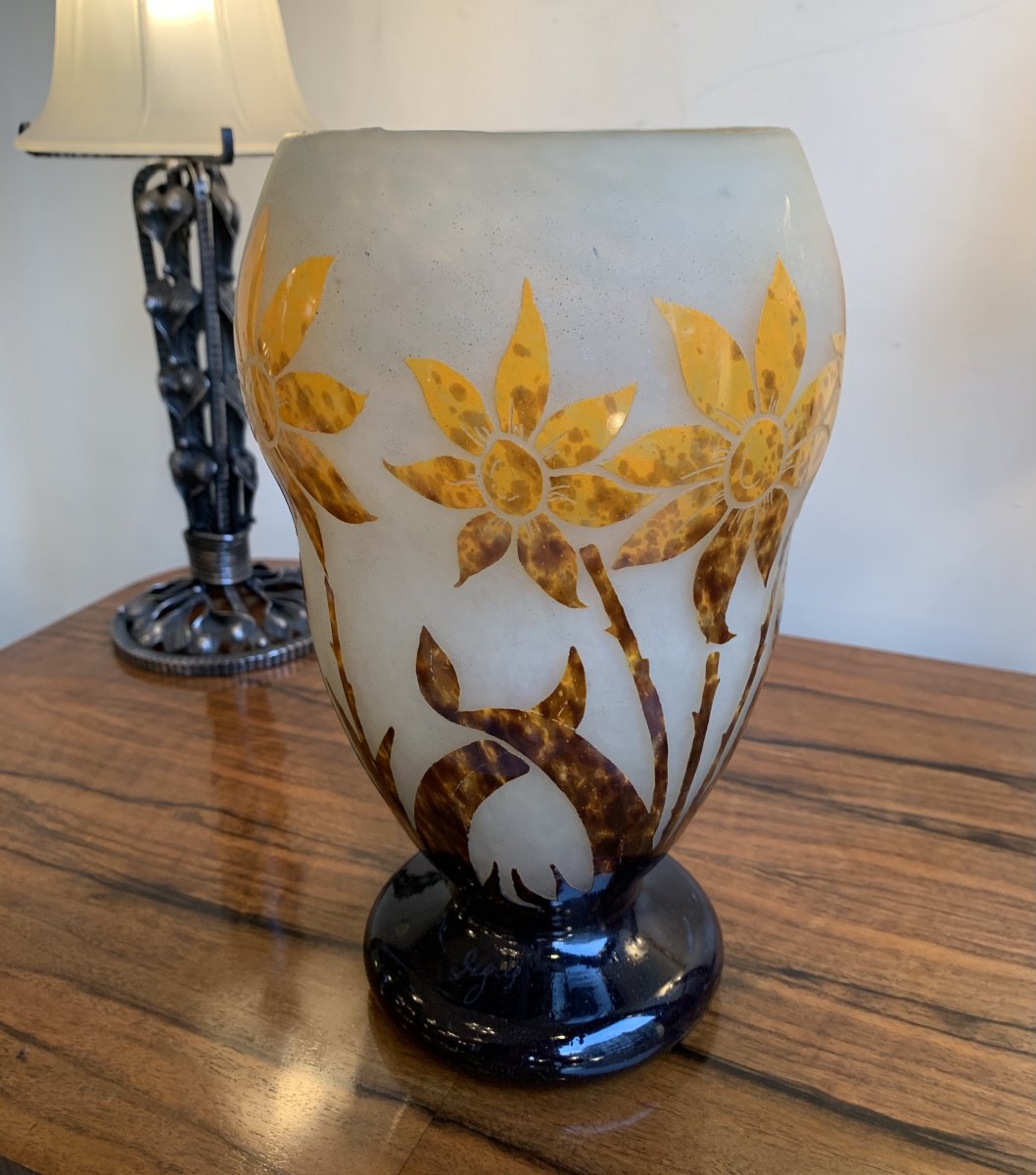 Vase Transition Art Nouveau / Art Déco En Verre Multicouche Signé Degué ( Vases Art Deco 1920) -photo-4