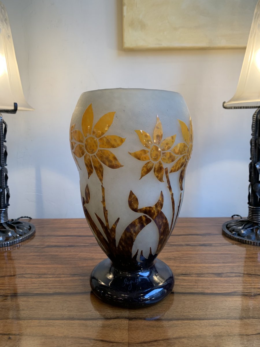 Vase Transition Art Nouveau / Art Déco En Verre Multicouche Signé Degué ( Vases Art Deco 1920) 