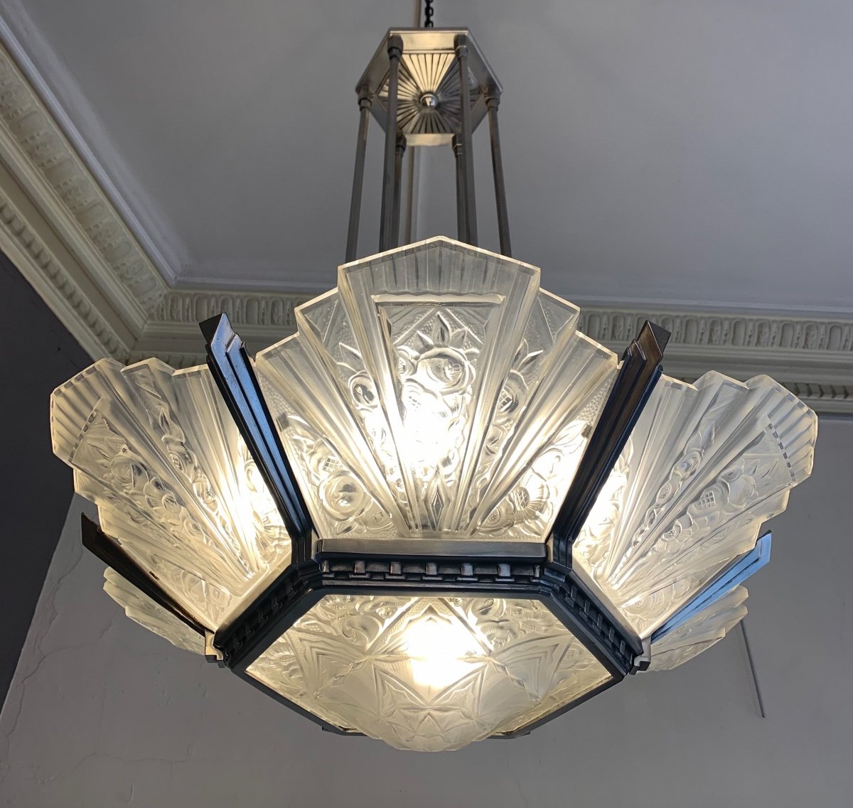 Exceptional Art Deco Chandelier Hettier-vincent And Hanots Signed (art Deco Chandeliers 1930)