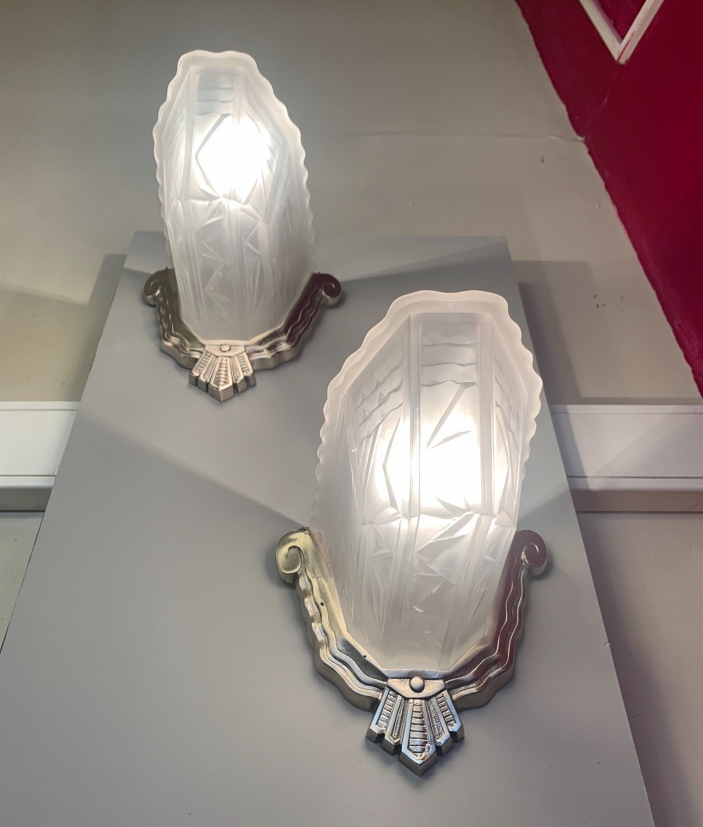 Pair Of Wall Lights (3 Pairs Available!) Art Deco Belgian Glassware Bronze Nickel Plated (art Deco 1930)-photo-4