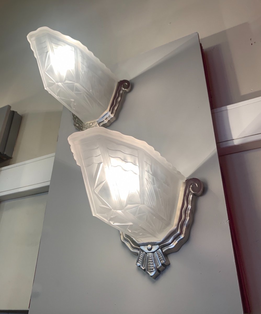 Pair Of Wall Lights (3 Pairs Available!) Art Deco Belgian Glassware Bronze Nickel Plated (art Deco 1930)-photo-1