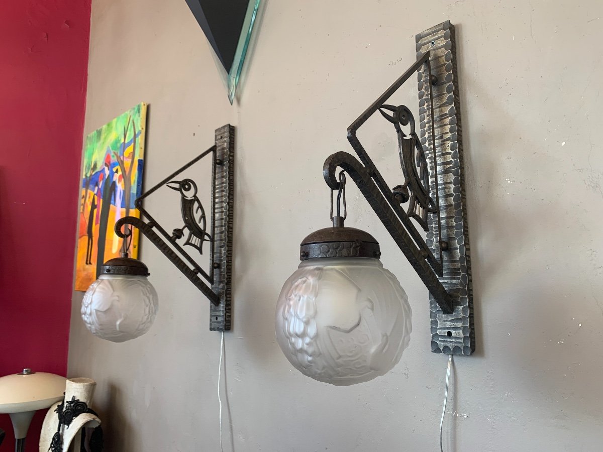Rare Pair Of Art Deco Wrought Iron Wall Lights Signed Müller Frères (art Deco Wall Lamp 1930)-photo-6