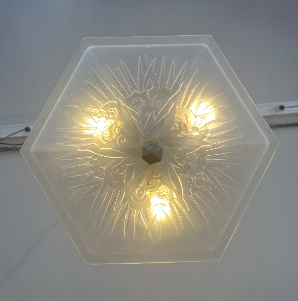 Suspension / Plafonnier / Lustre Art Déco Lorrain Daum Hexagonal ( Luminaire Art Deco 1930 ) -photo-4