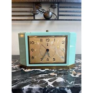 Horloge / Réveil Art Déco Japy «  Minut » En Bakélite Verte Et Métal Doré ( Art Deco 1930 )