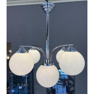 Modernist Art Deco Chandelier With 5 Balls In White Opaline (art Deco Chandeliers 1930)