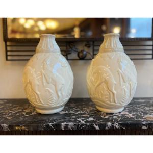 Pair Of Art Deco Boch / Kéramis “aux Biches” Vases Signed And Numbered (vase 1930) 