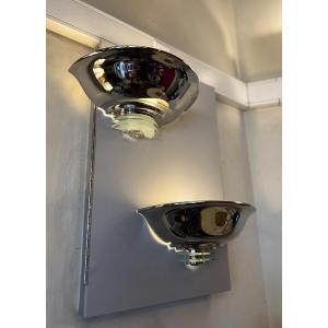 Magnificent Pair Of Modernist Art Deco Wall Lights In Chromed Metal And Glass (art Deco Wall Lamp 1930