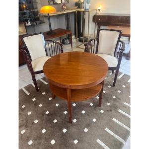 Art Deco Pedestal Table / Coffee Table With Two Tops In Buff-polished Mahogany Art Deco Tables 1930