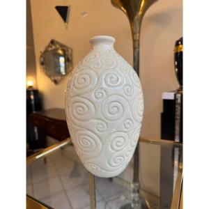 Art Deco Vase White Cracked Earthenware Saint Clément / Olive Engraved (art Deco Vases 1930) 