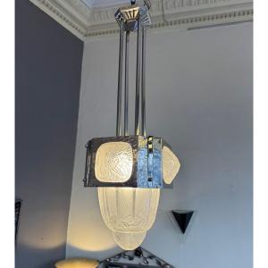 Art Deco Pendant / Ceiling Light / Chandelier Signed Hettier & Vincent / Nickel-plated Bronze (deco 1930 