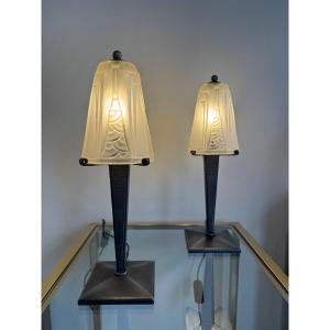 Pair Of Art Deco Lamps Signed Schneider (art Deco Lamp / Desk / Night Lights 1930 Charles