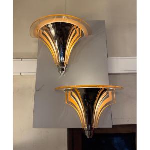 Pair Of Modernist Art Deco Wall Lights H. Petitot / Saint-gobain (art Deco Wall Light 1930) 