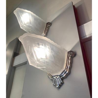 Pair Of Wall Lights (3 Pairs Available!) Art Deco Belgian Glassware Bronze Nickel Plated (art Deco 1930)