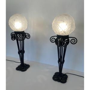 Rare Et Importante Paire De Grandes Lampes Art Déco Degué ( lampe fer forgé  Art Deco 1930 ) 