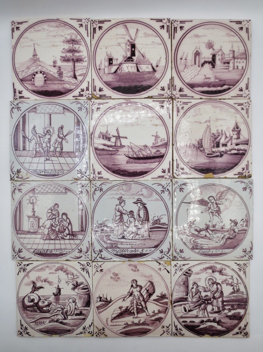 Twelve Earthenware Tiles, Delft 18th Century.