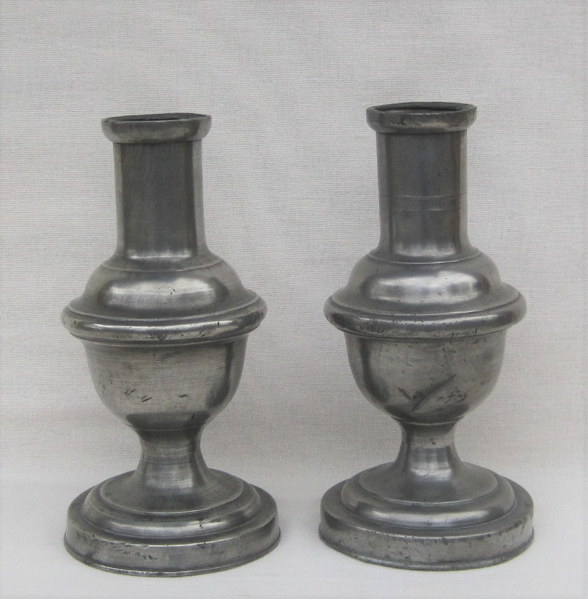 Pair Of Oil Lamps, Pewter. Languedoc. 19th C.