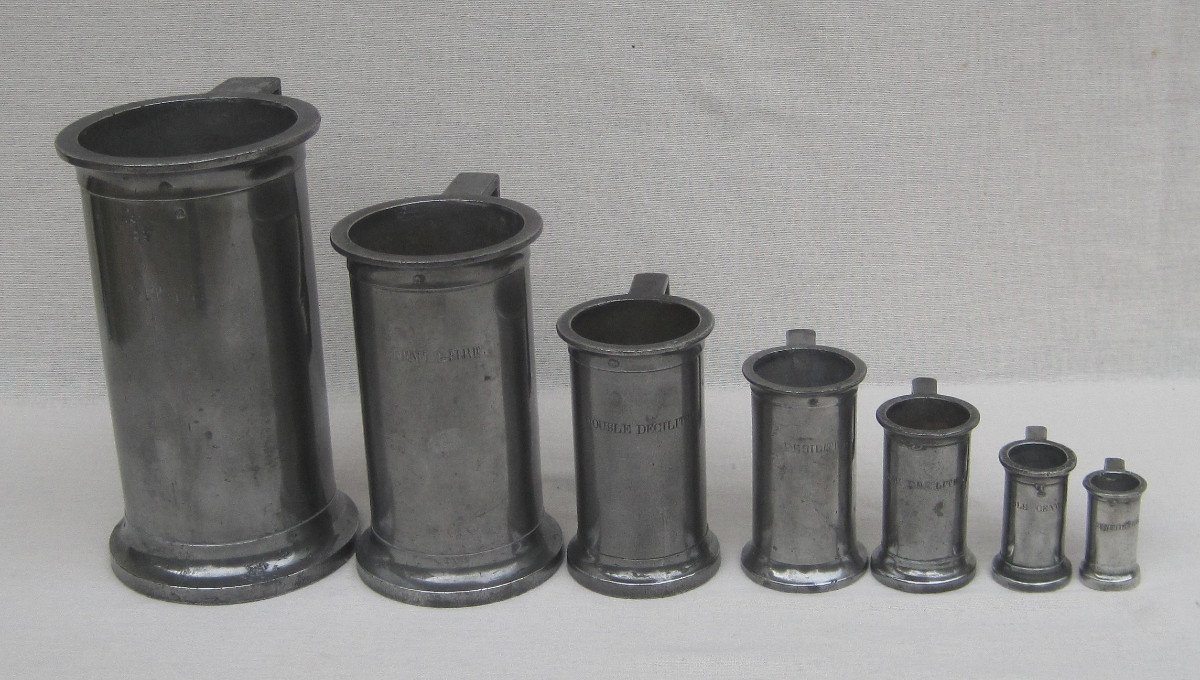 Homogeneous Series Of 7 Open Measurements, In Tin, Of The Decimal Metric System. 19th-20th Century.-photo-3