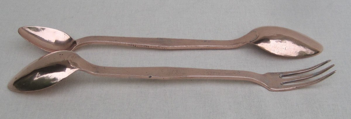 Duo Of 2 Two-ended Spoons, In Copper. Late 19th Century.-photo-4