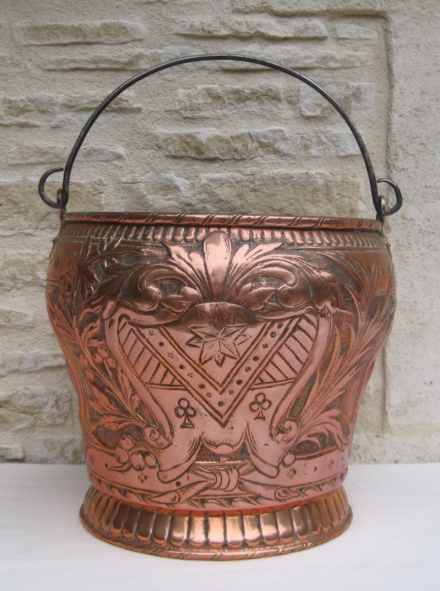 Copper Bucket, Decoration: Fleur-de-lis, Coat Of Arms, Helmet, Foliage, Sphinx. 18th Century.-photo-2