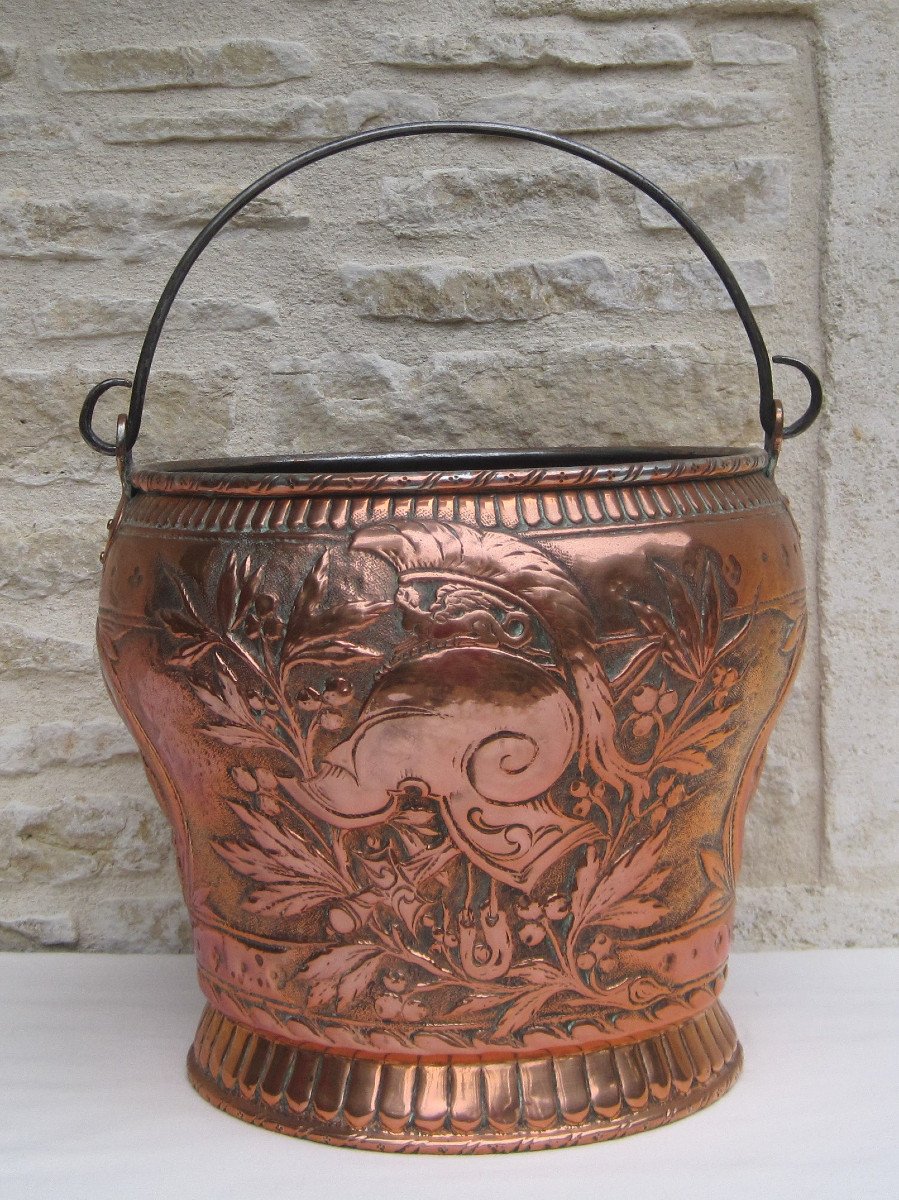 Copper Bucket, Decoration: Fleur-de-lis, Coat Of Arms, Helmet, Foliage, Sphinx. 18th Century.-photo-3