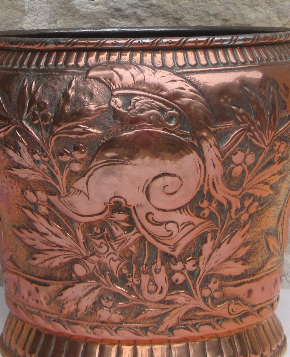 Copper Bucket, Decoration: Fleur-de-lis, Coat Of Arms, Helmet, Foliage, Sphinx. 18th Century.-photo-4