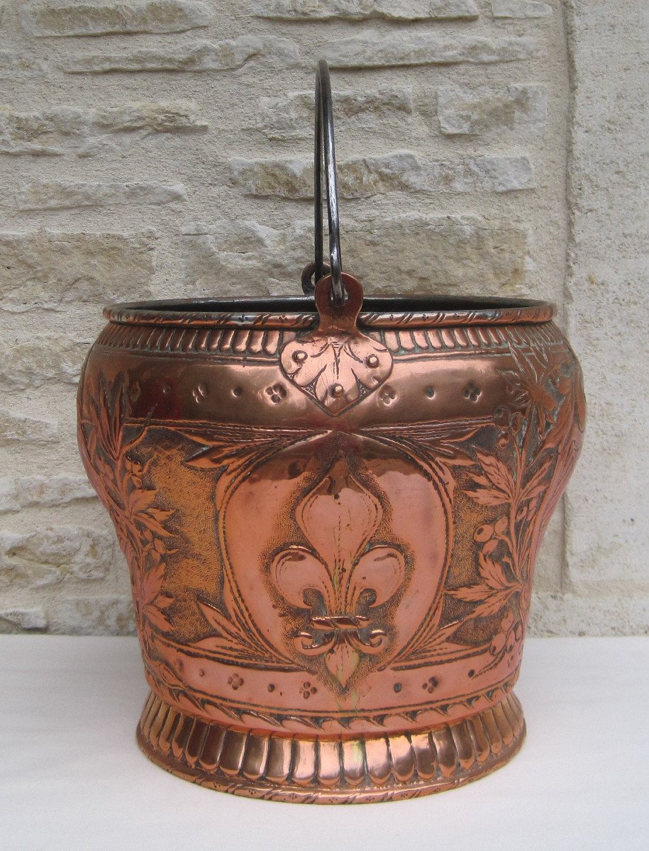 Copper Bucket, Decoration: Fleur-de-lis, Coat Of Arms, Helmet, Foliage, Sphinx. 18th Century.-photo-2