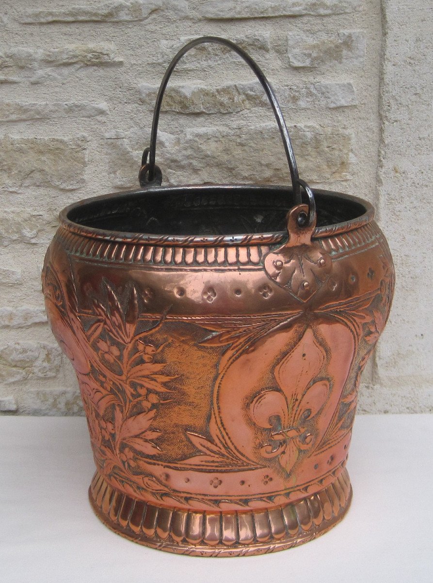 Copper Bucket, Decoration: Fleur-de-lis, Coat Of Arms, Helmet, Foliage, Sphinx. 18th Century.-photo-3