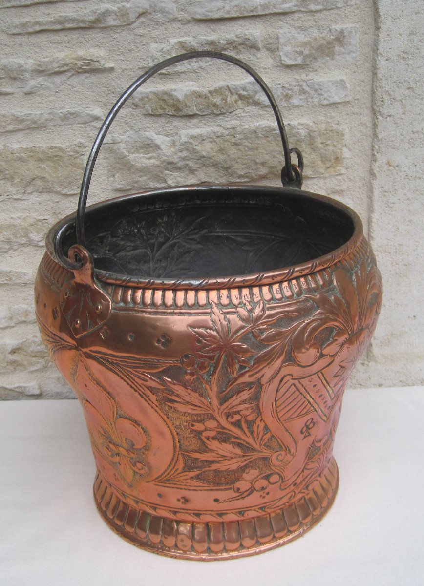 Copper Bucket, Decoration: Fleur-de-lis, Coat Of Arms, Helmet, Foliage, Sphinx. 18th Century.-photo-4