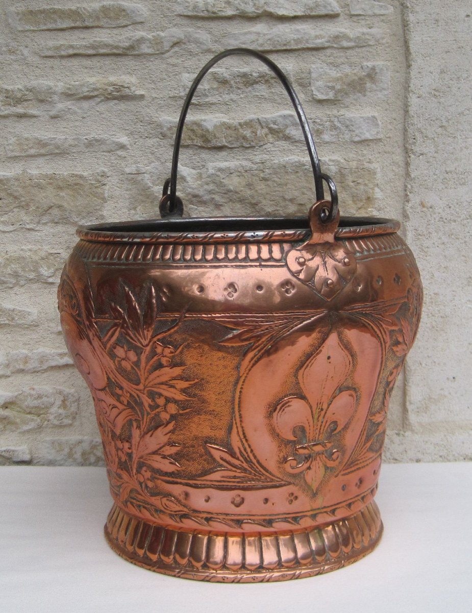 Copper Bucket, Decoration: Fleur-de-lis, Coat Of Arms, Helmet, Foliage, Sphinx. 18th Century.-photo-7