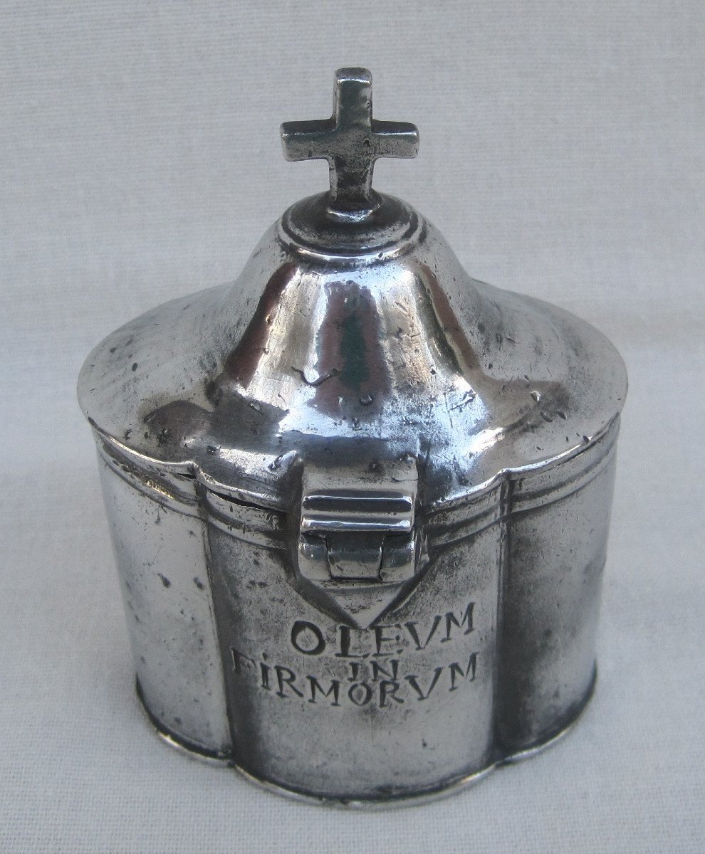 Pewter Box, With A Cruet, For The Oil Of The Sick. Religious Pewter. 18th Century.-photo-2