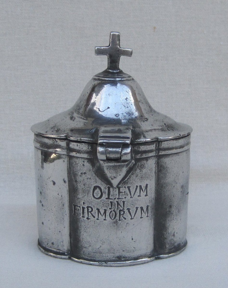 Pewter Box, With A Cruet, For The Oil Of The Sick. Religious Pewter. 18th Century.-photo-7