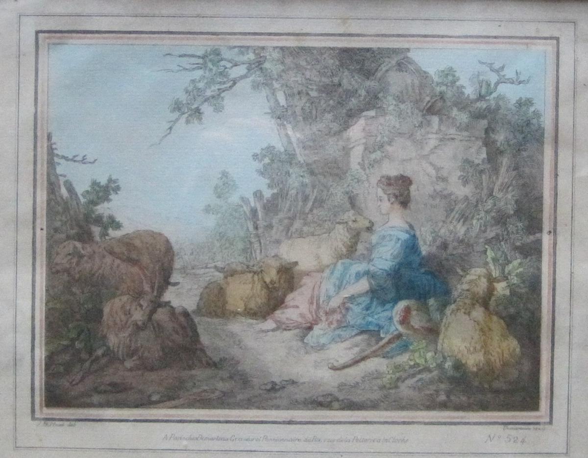 Gravure : Bergère et son troupeau. XVIIIe s.-photo-2