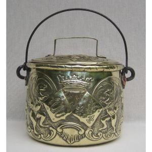 Covered Cauldron, Made Of Brass. Decorated With Coats Of Arms And Fleur-de-lys. 18th Century.