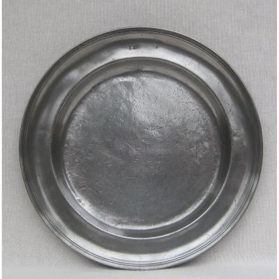 Round Pewter Dish With Molded Edge. Rouen. 18th Century.