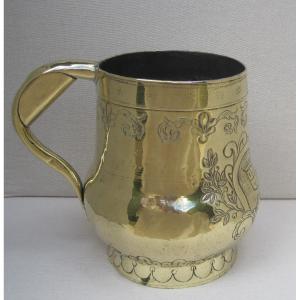 Brass Jug. Fleurdelysé Cartouche Containing 3 Crowned And Emblazoned Shields. XVIII.