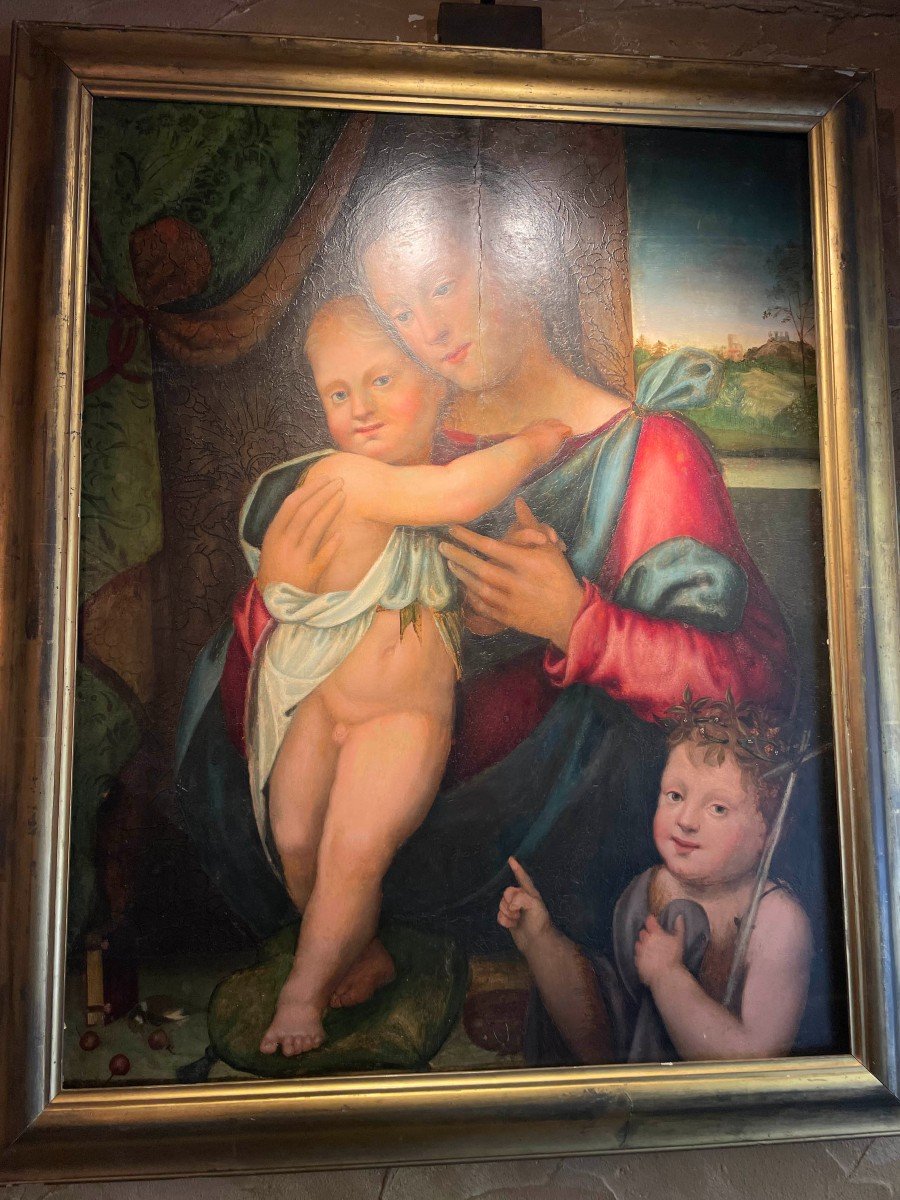 Antique Italian Painting Of Madonna With Child Jesus And John The Baptist-photo-2